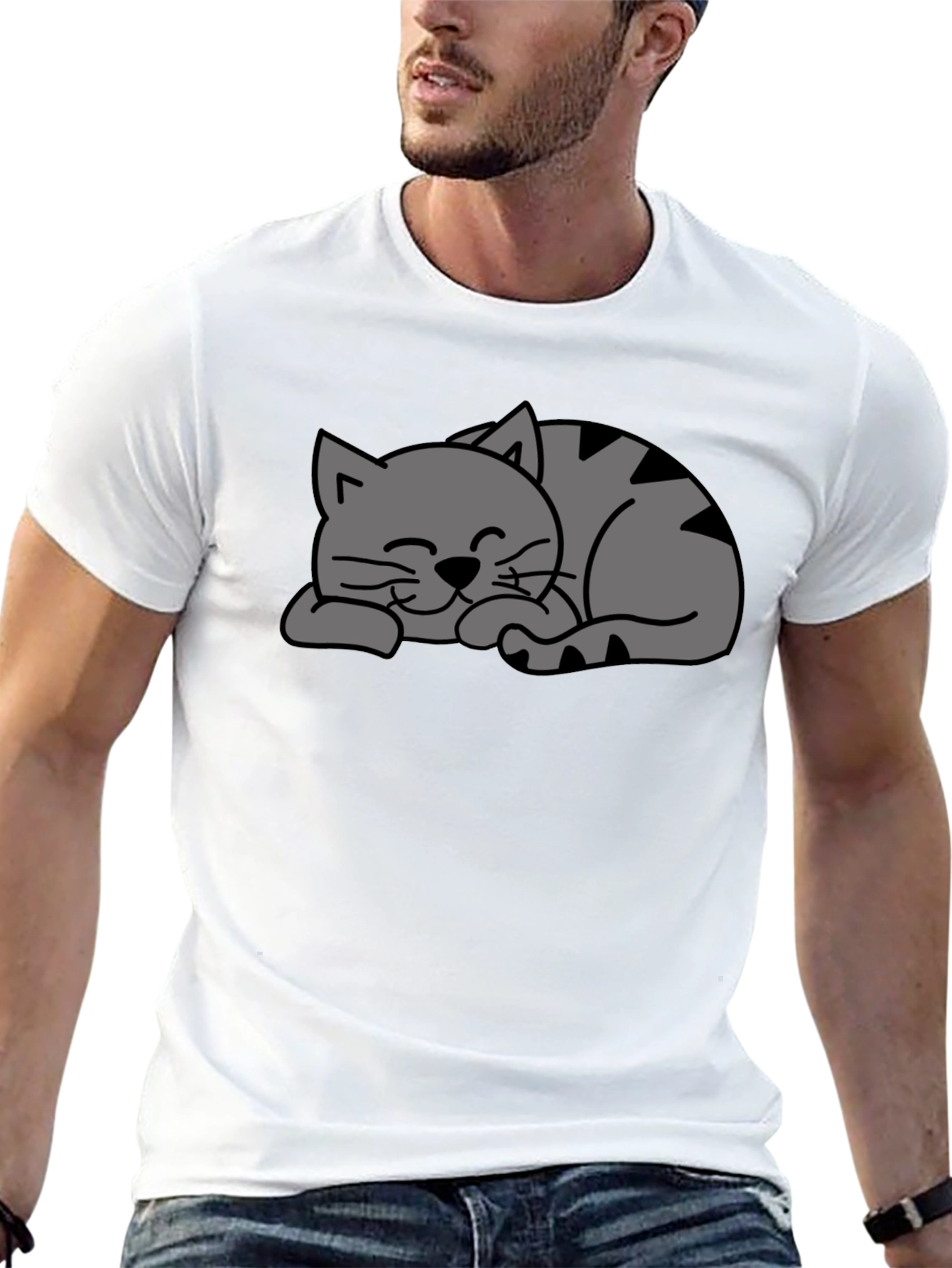 Cute Sleeping Cat Graphic Black T-Shirt