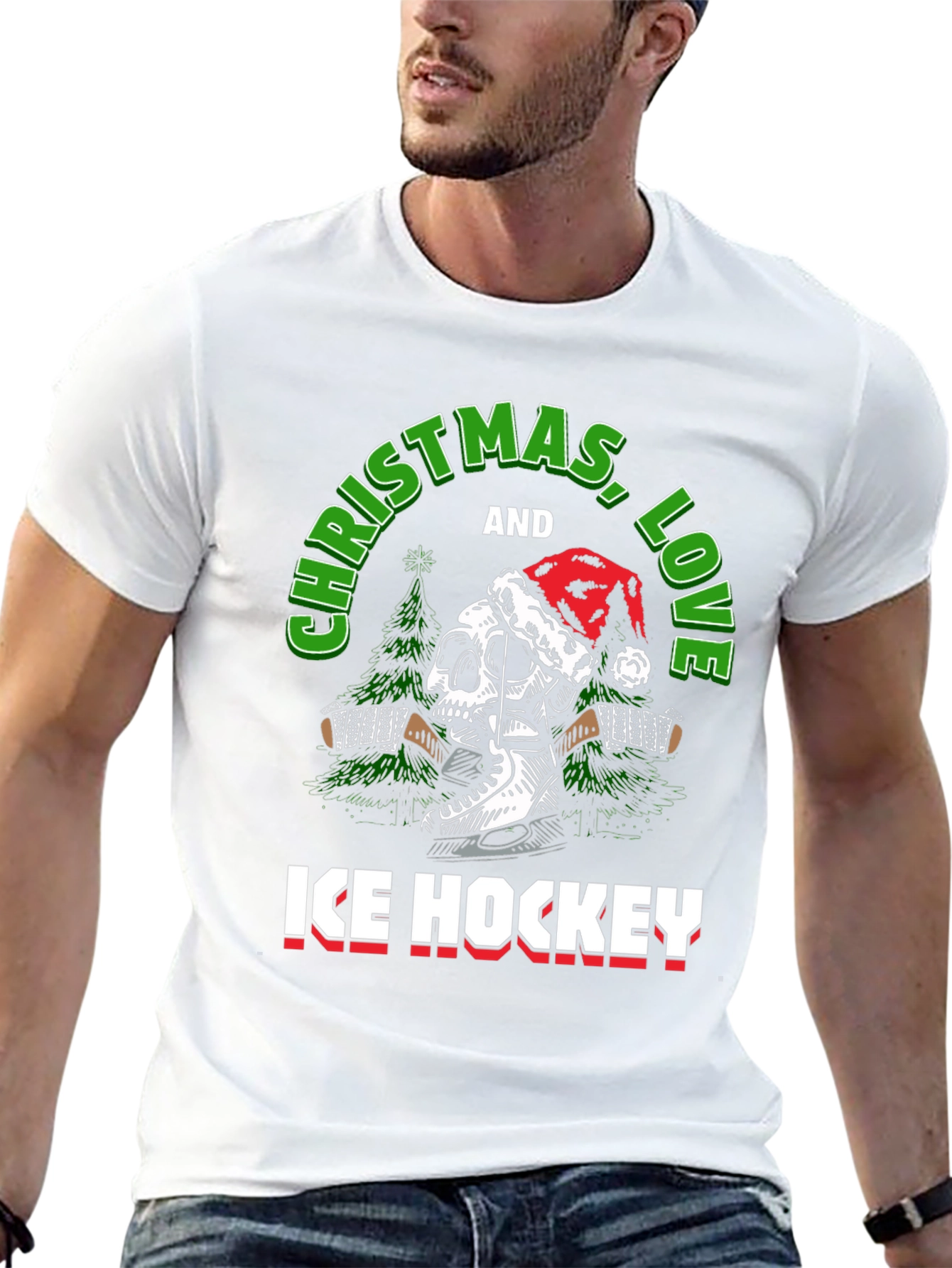Christmas Ice Hockey Skull Graphic T-Shirt