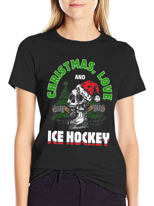 Christmas Ice Hockey Skull Graphic T-Shirt