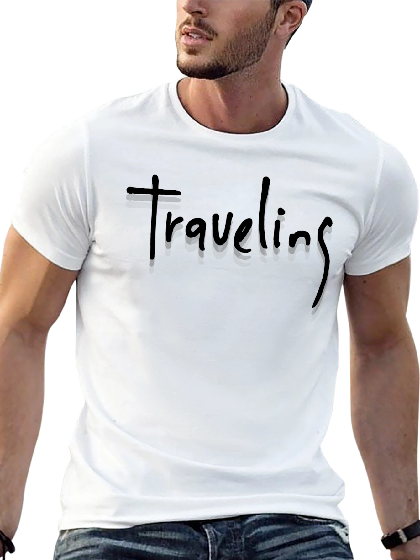 Traveling Black Cotton Crew Neck T-Shirt
