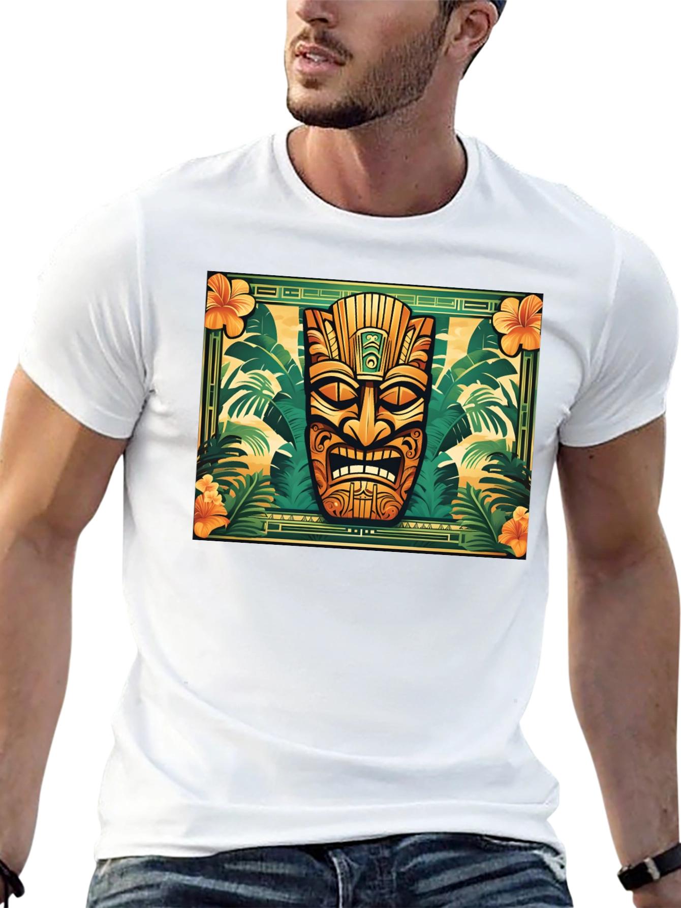 Tropical Tiki Mask Graphic Tee - Black