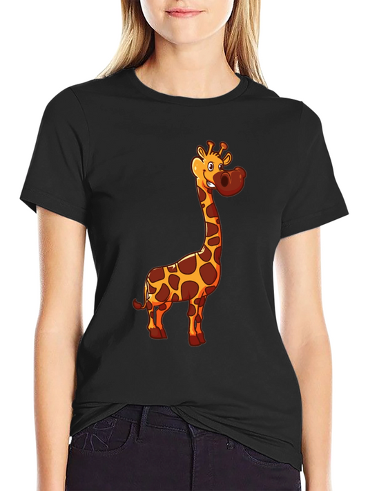Giraffe Cartoon Print Black T-Shirt