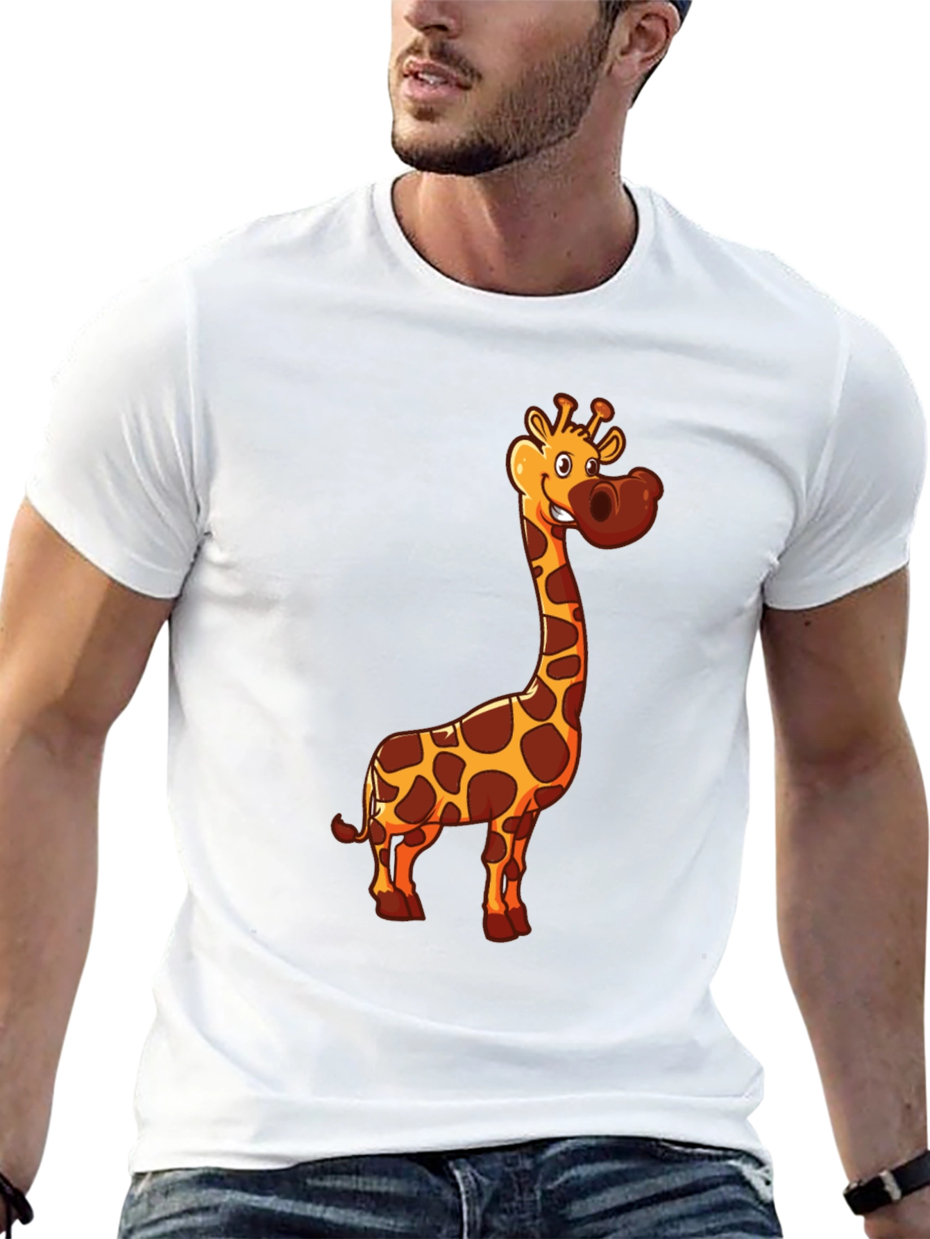Giraffe Cartoon Print Black T-Shirt