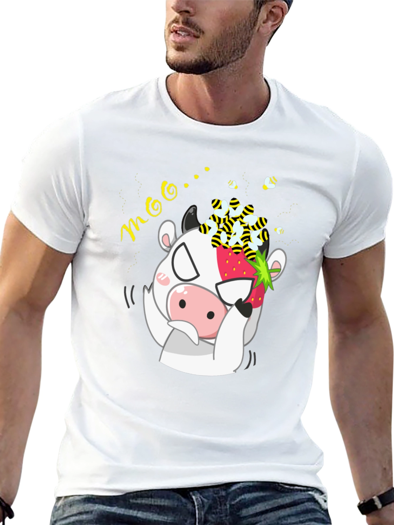 Funny Cow Strawberry Bee Graphic T-Shirt