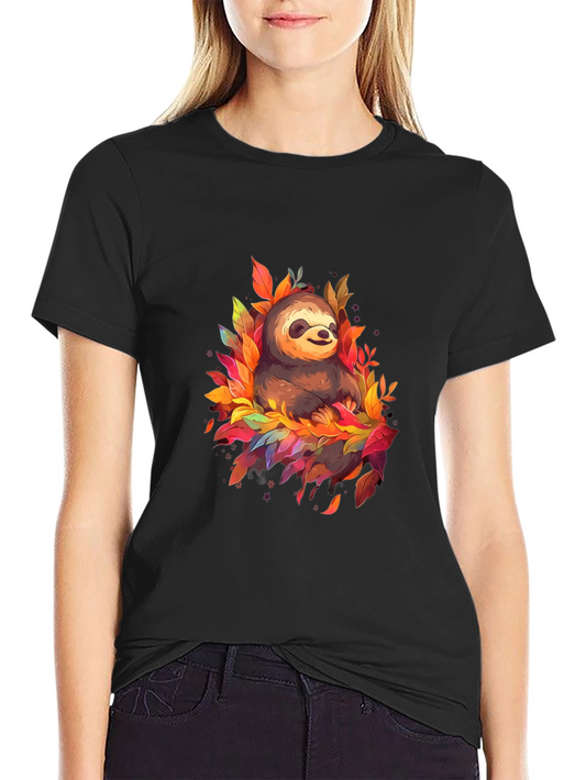 Cute Sloth Fall Leaves Black T-Shirt