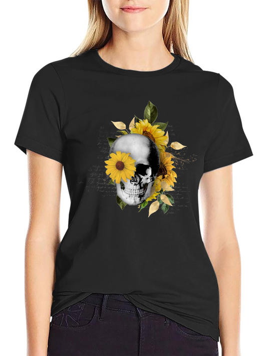 Skull & Sunflower Graphic Tee - Trendy Casual Wear