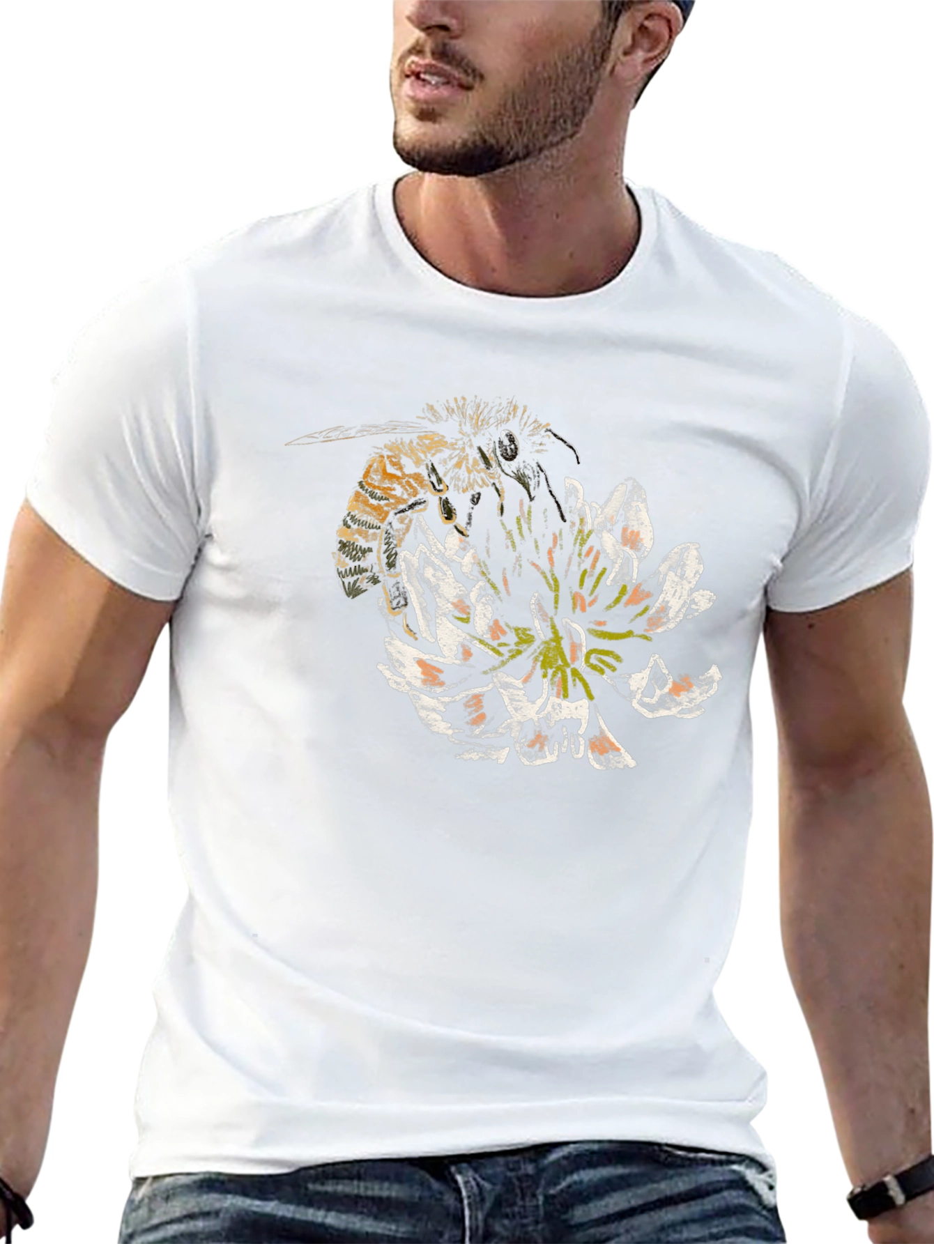Bee and Flower Graphic T-Shirt - Black Cotton Tee