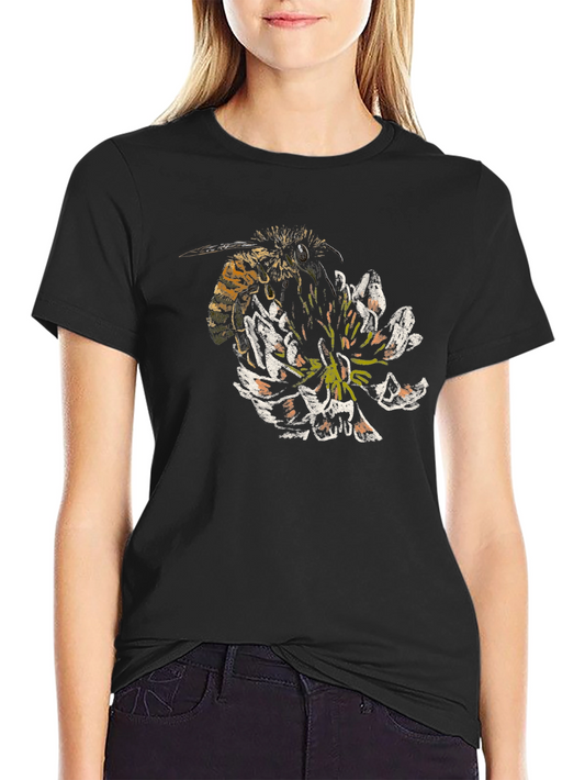 Bee and Flower Graphic T-Shirt - Black Cotton Tee