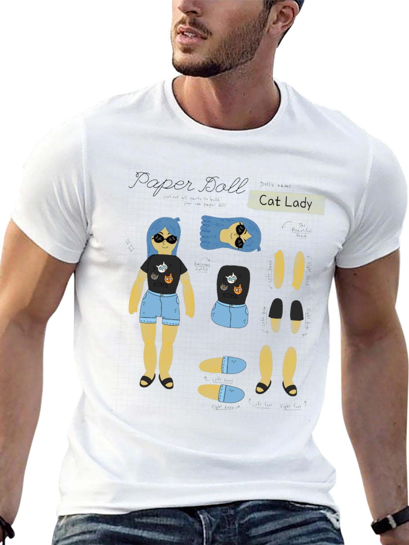 Paper Doll Cat Lady T-Shirt Novelty Tee