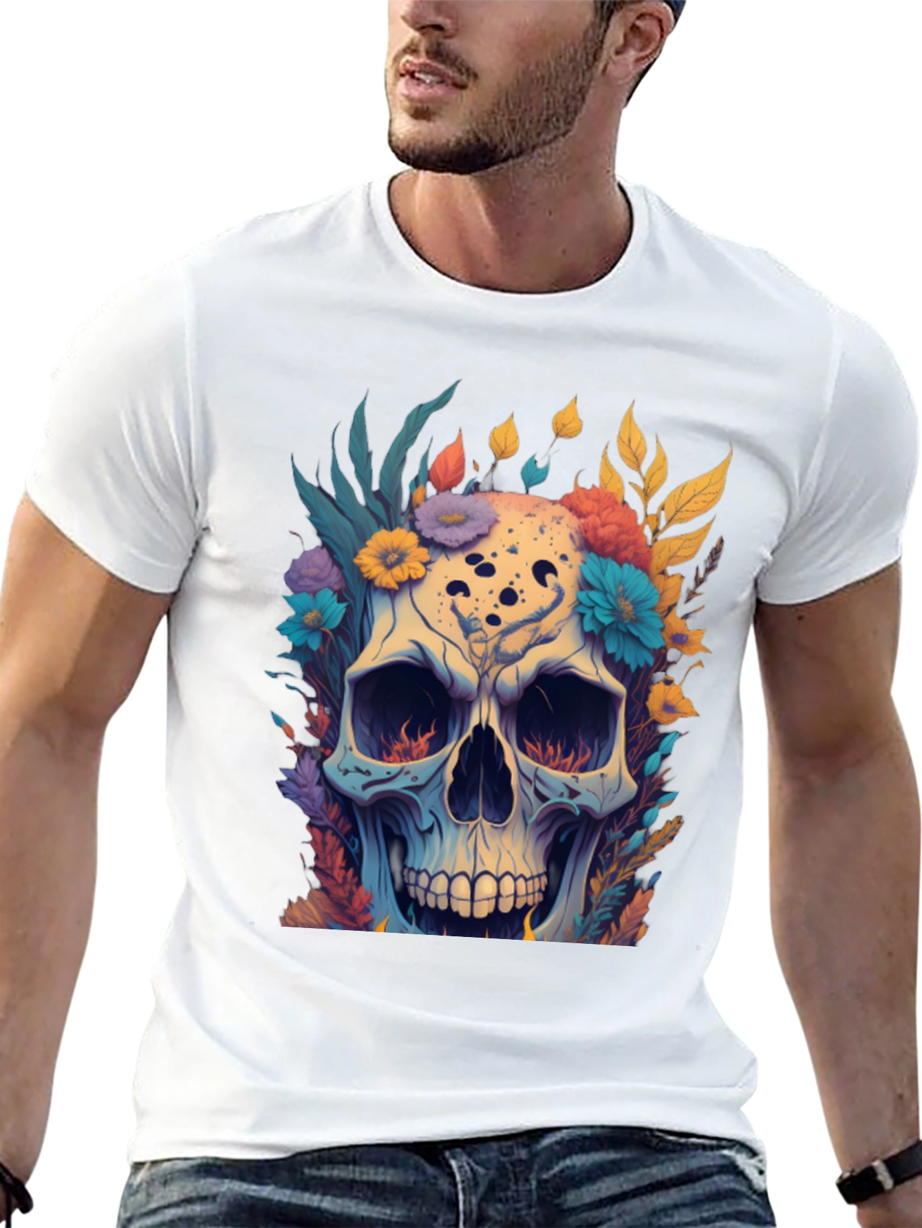 Floral Skull Graphic Tee - Black Cotton T-Shirt