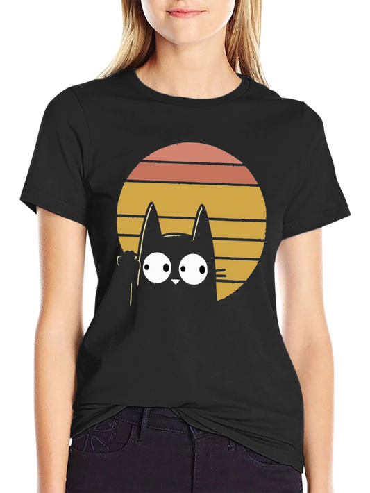 Retro Cat Graphic T-Shirt - Black
