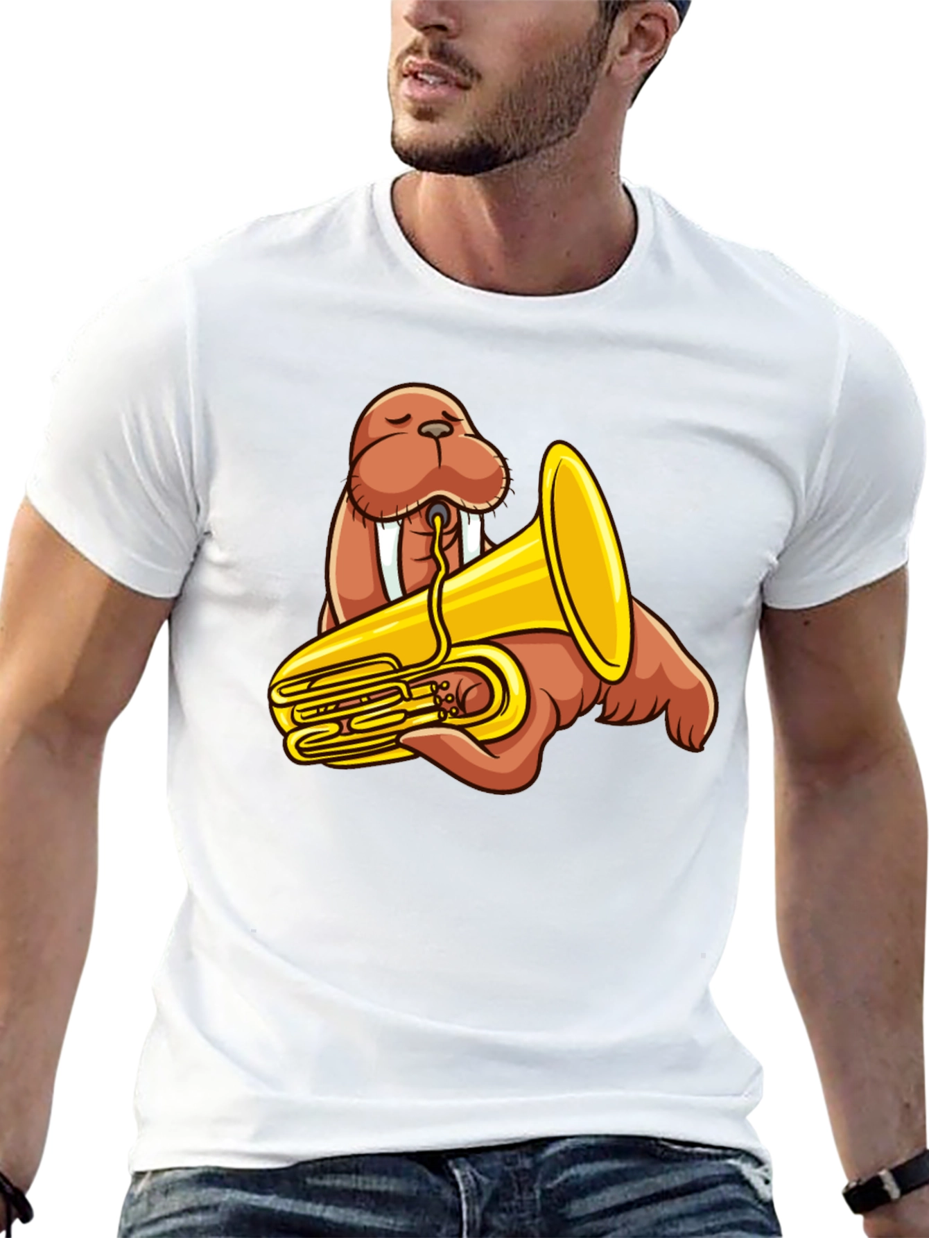 Walrus Tuba Player Graphic Tee - Black Cotton Shirt