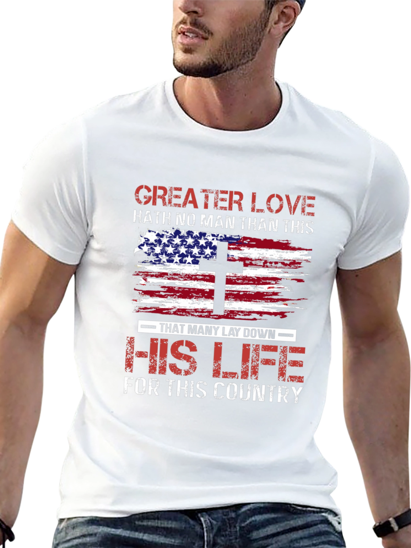 Patriotic Christian T-Shirt: Greater Love American Flag Cross