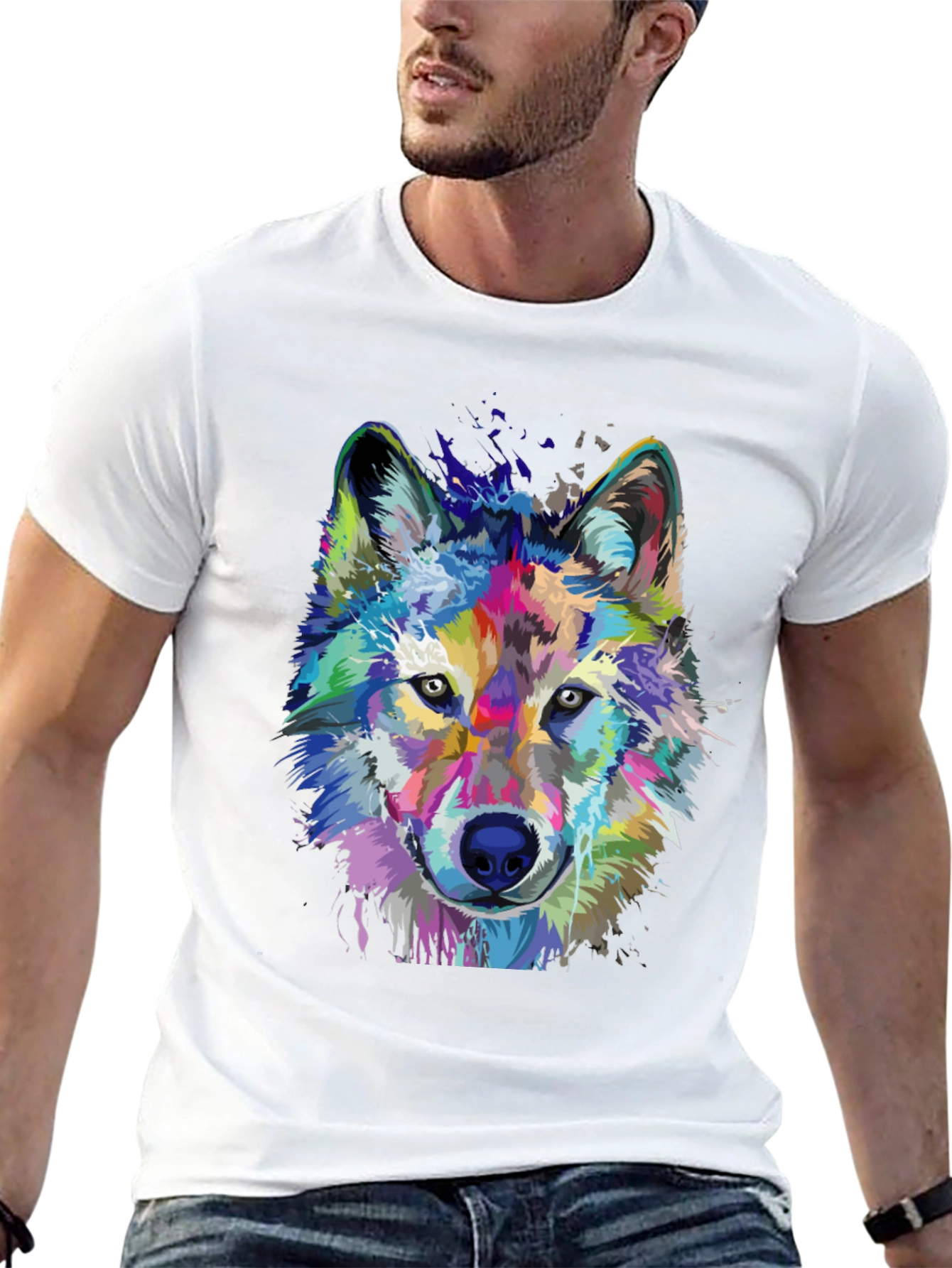 Vibrant Wolf Graphic Print Black T-Shirt