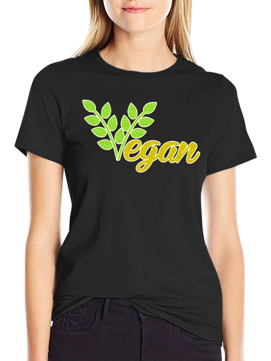 Vegan T-Shirt: Green & Yellow Leaf Design Black Cotton