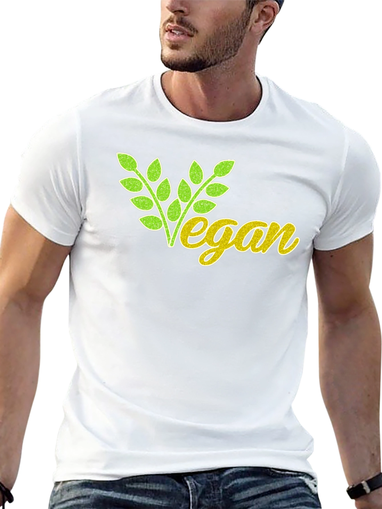 Vegan T-Shirt: Green & Yellow Leaf Design Black Cotton