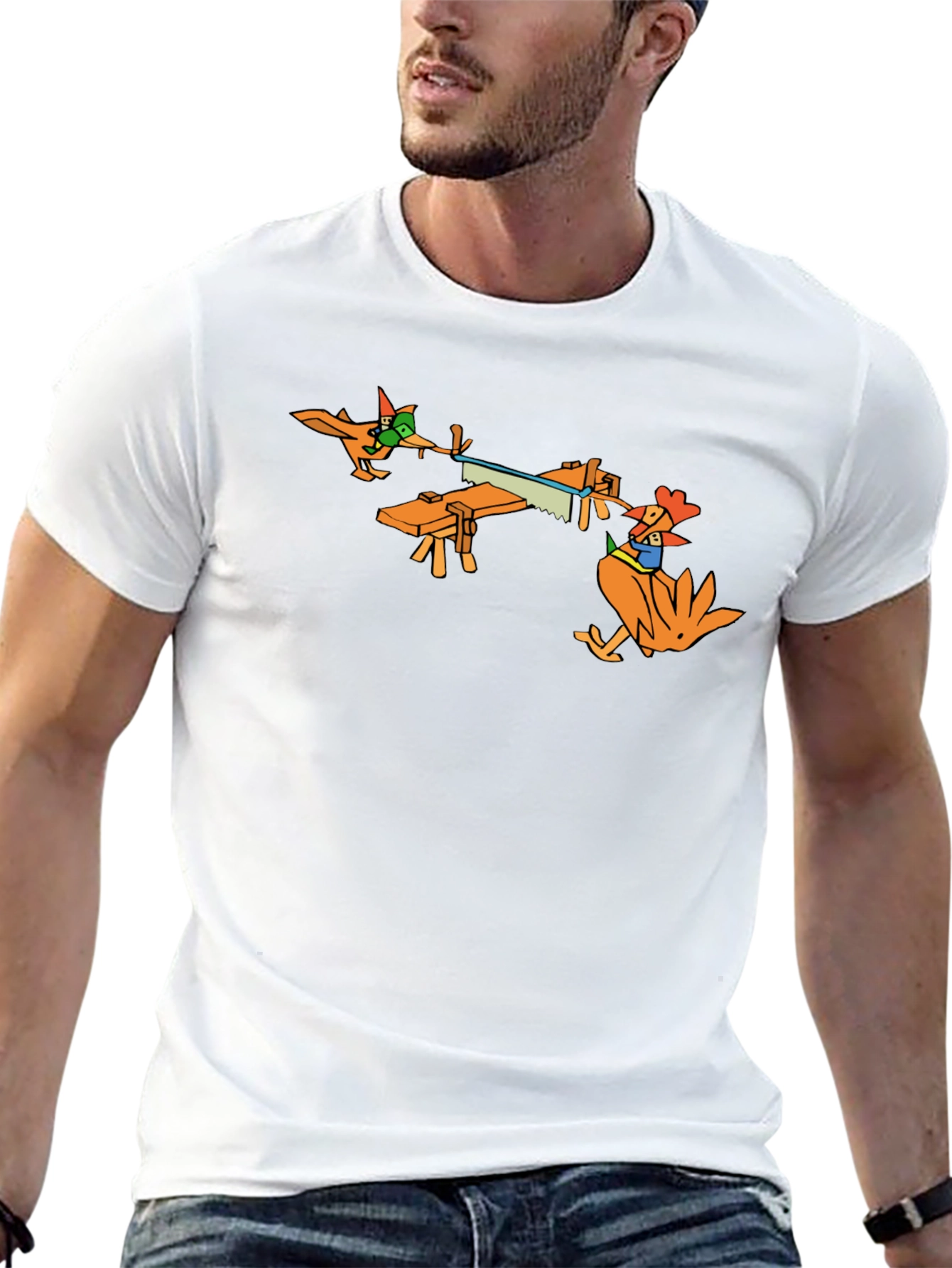 Funny Cartoon Chicken Sawing Wood T-Shirt