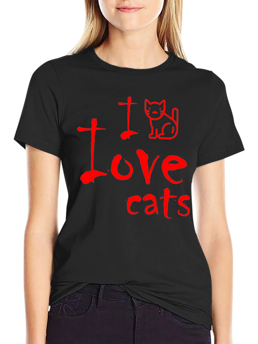 I Love Cats T-Shirt - Red Graphic Print on Black Cotton
