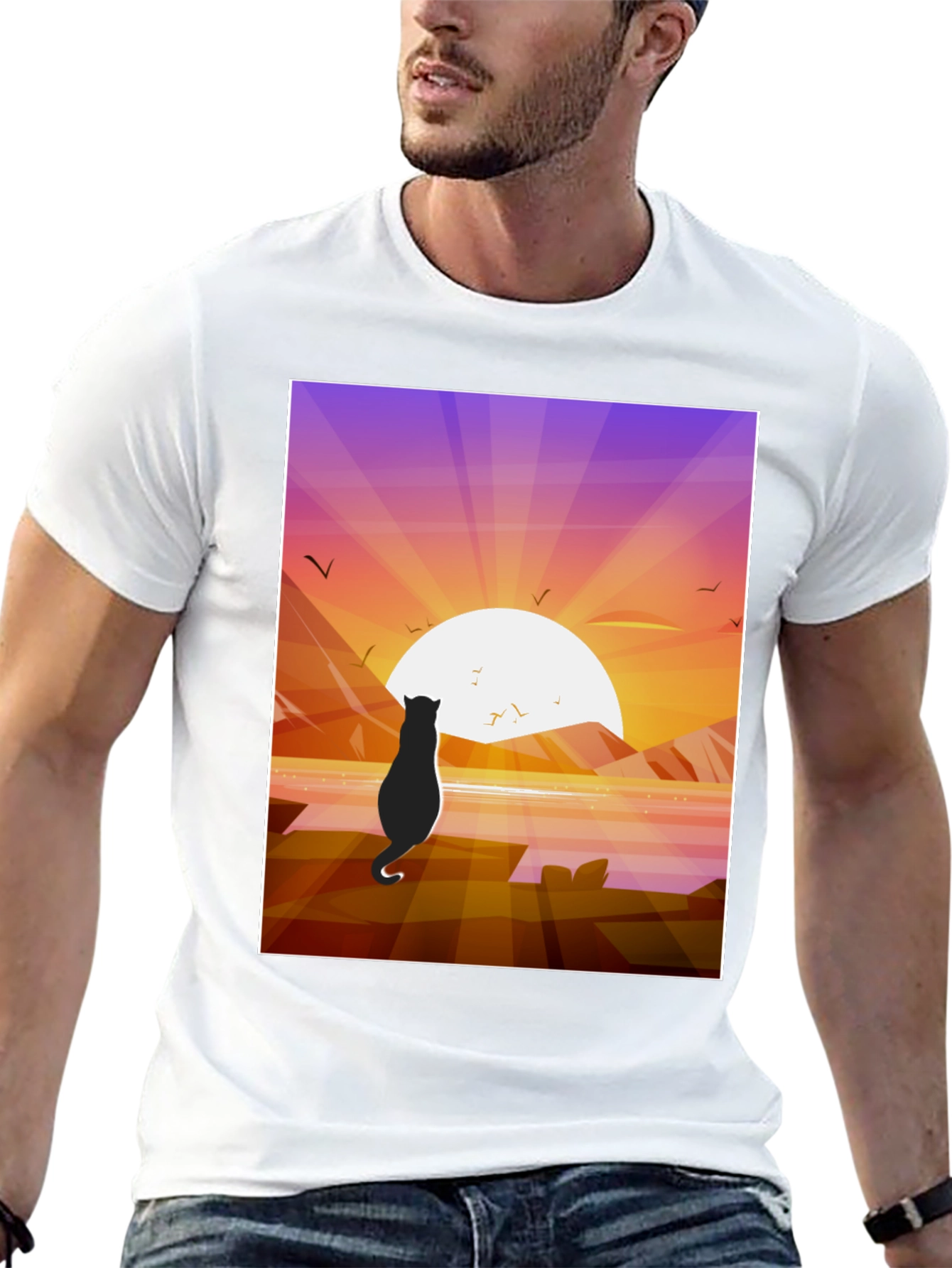 Sunset Cat Graphic Tee - Stylish Cotton Comfort