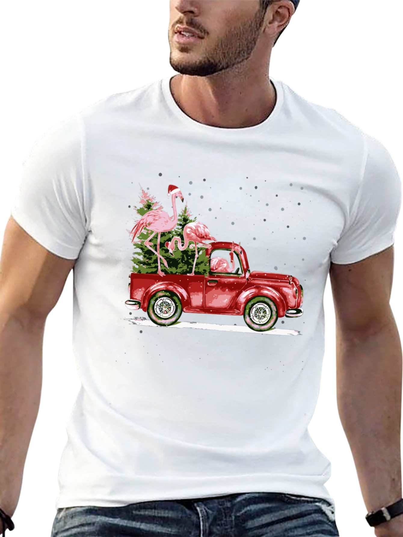 Flamingo Christmas Truck Black T-Shirt