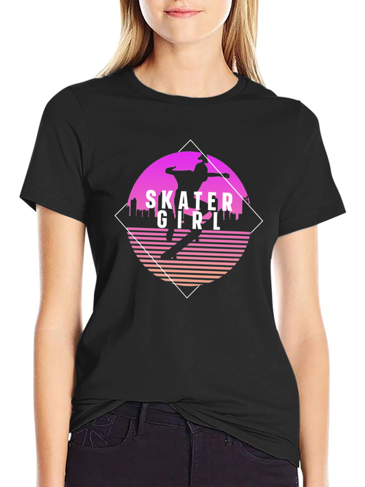 Skater Girl Retro Style Black T-Shirt