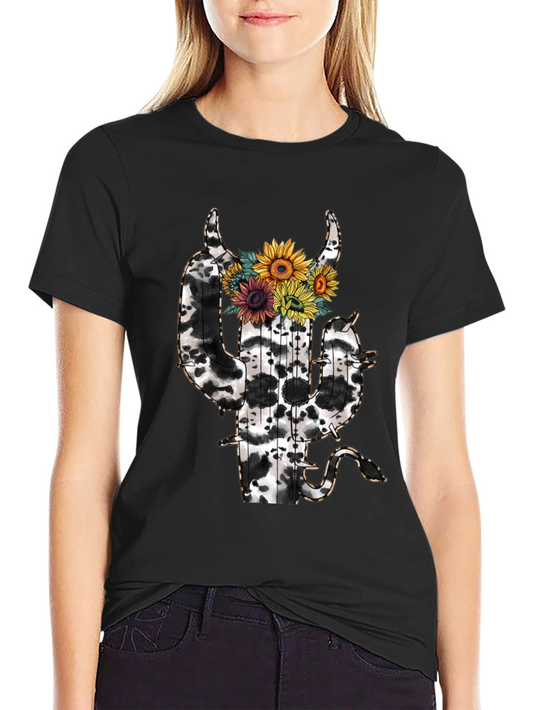Cow Print Cactus T-Shirt with Sunflowers