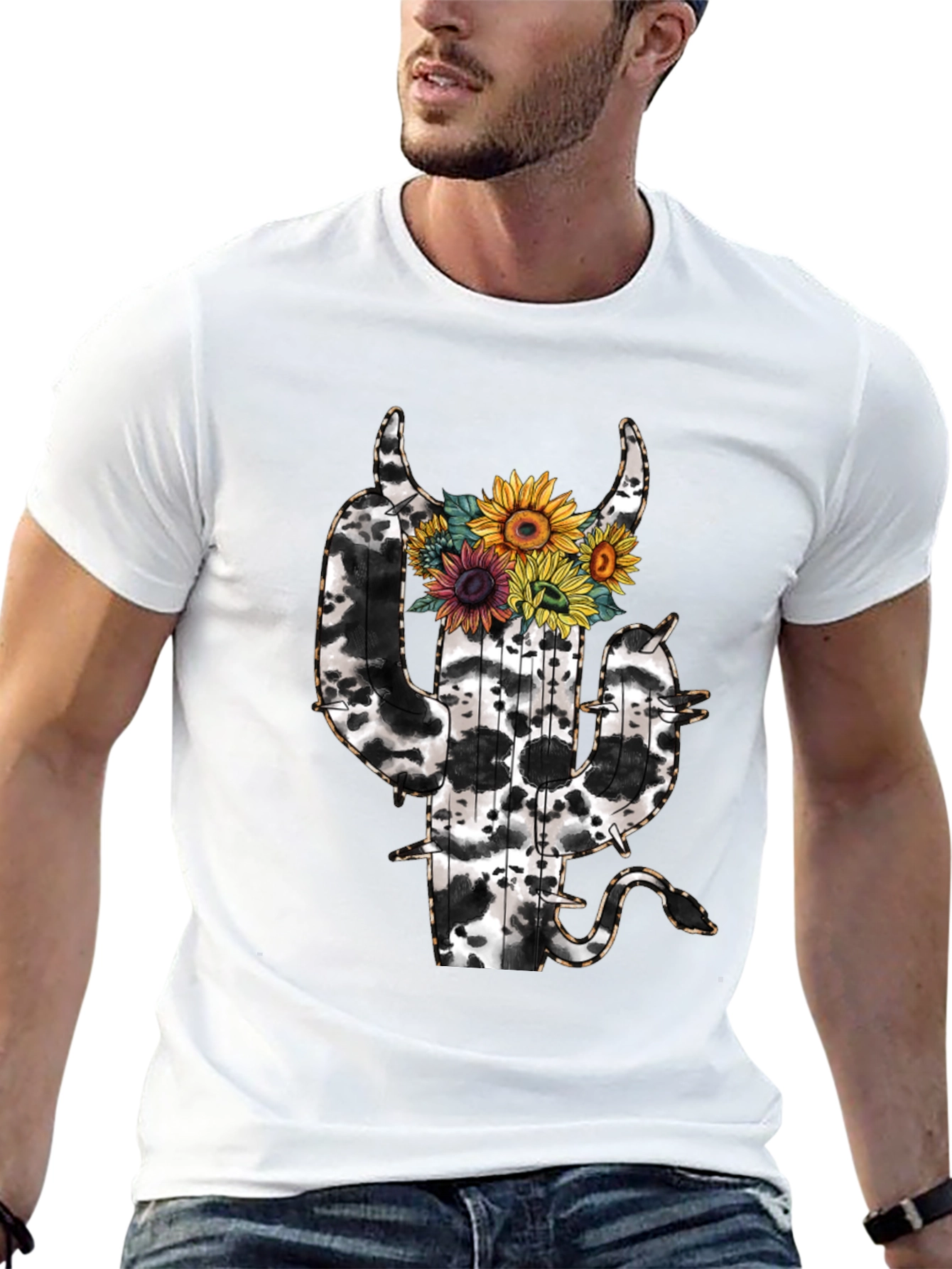 Cow Print Cactus T-Shirt with Sunflowers