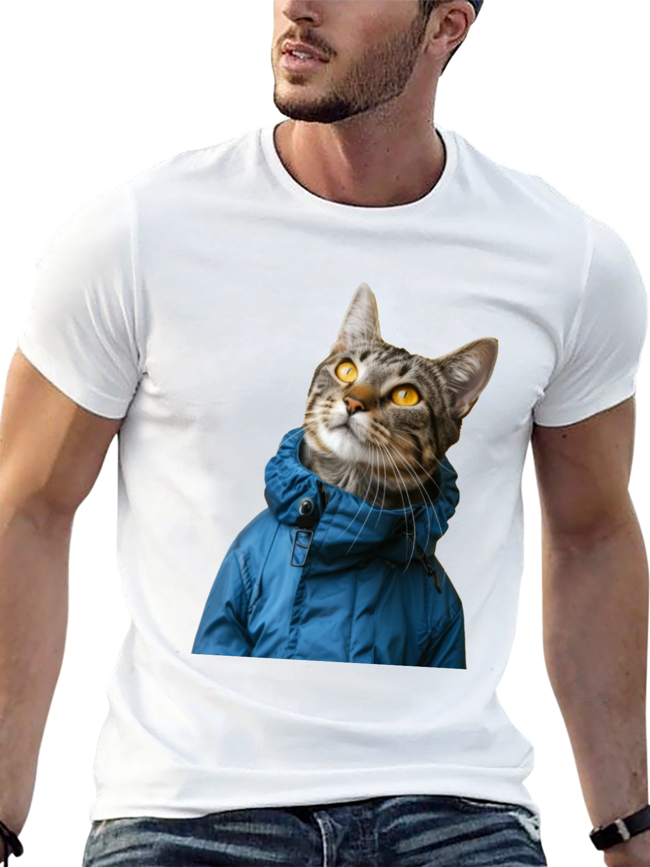 Cat in Blue Jacket Black T-Shirt