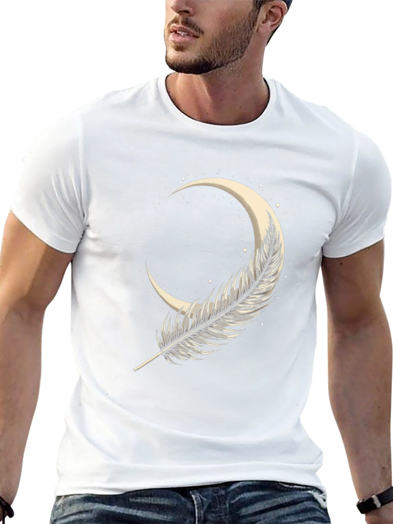 Feather Moon Graphic Tee - Soft Black Cotton