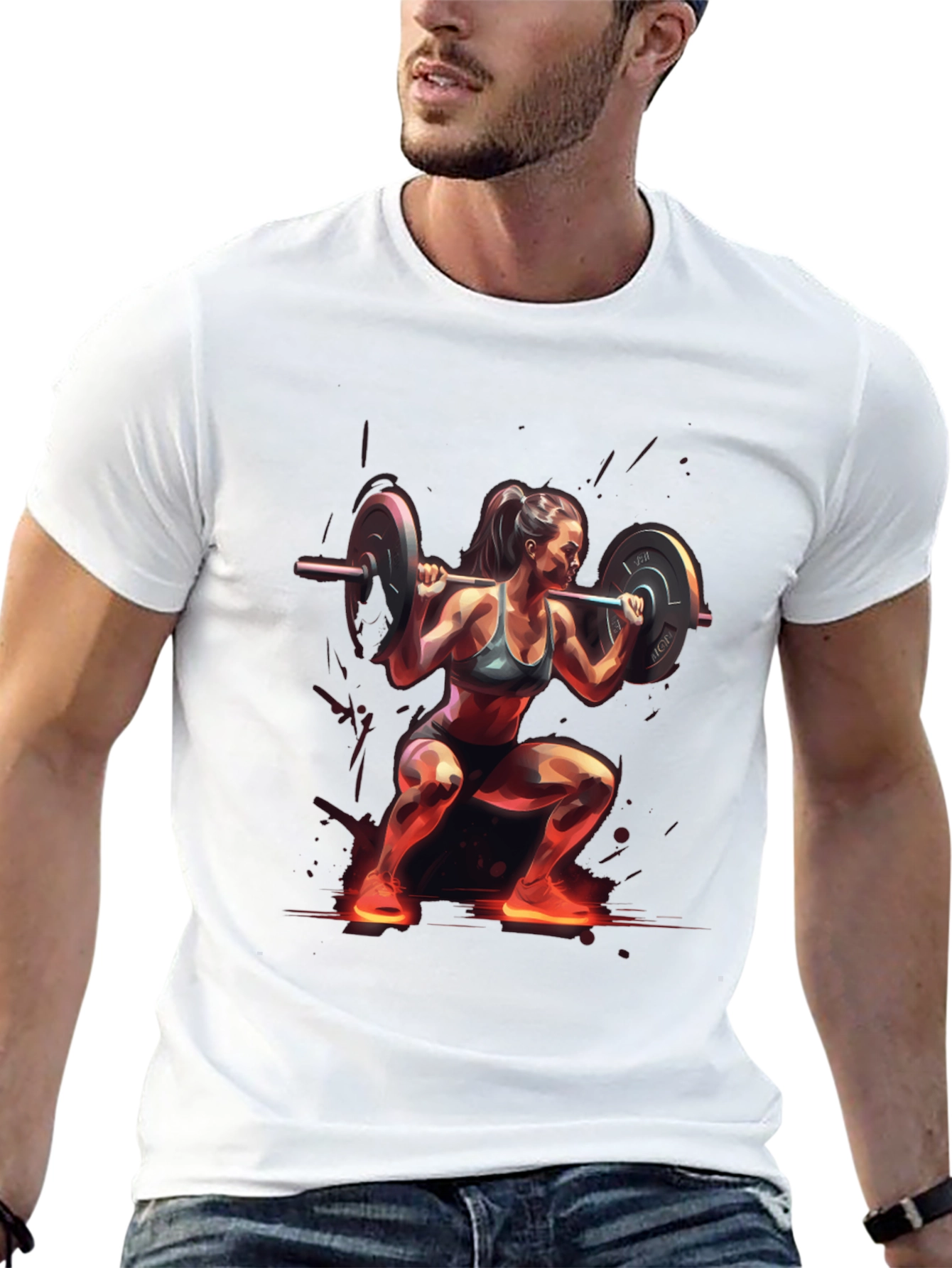 Woman Squatting with Barbell Black T-Shirt