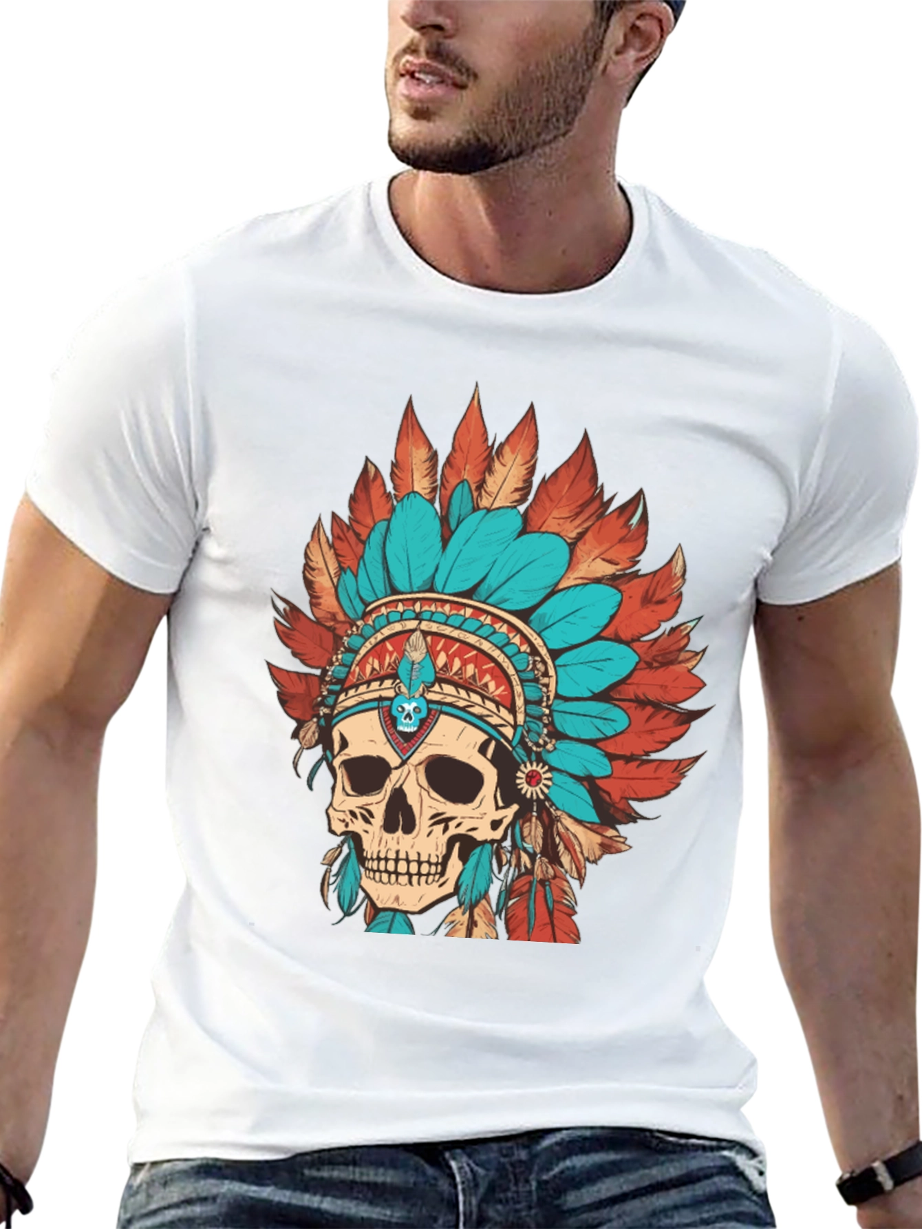Skull Chief Headdress Graphic Tee - Cool Unique Design