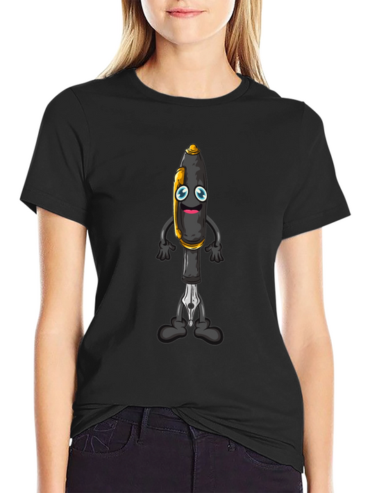 Cartoon Pen Graphic Tee - Black Cotton Blend T-Shirt