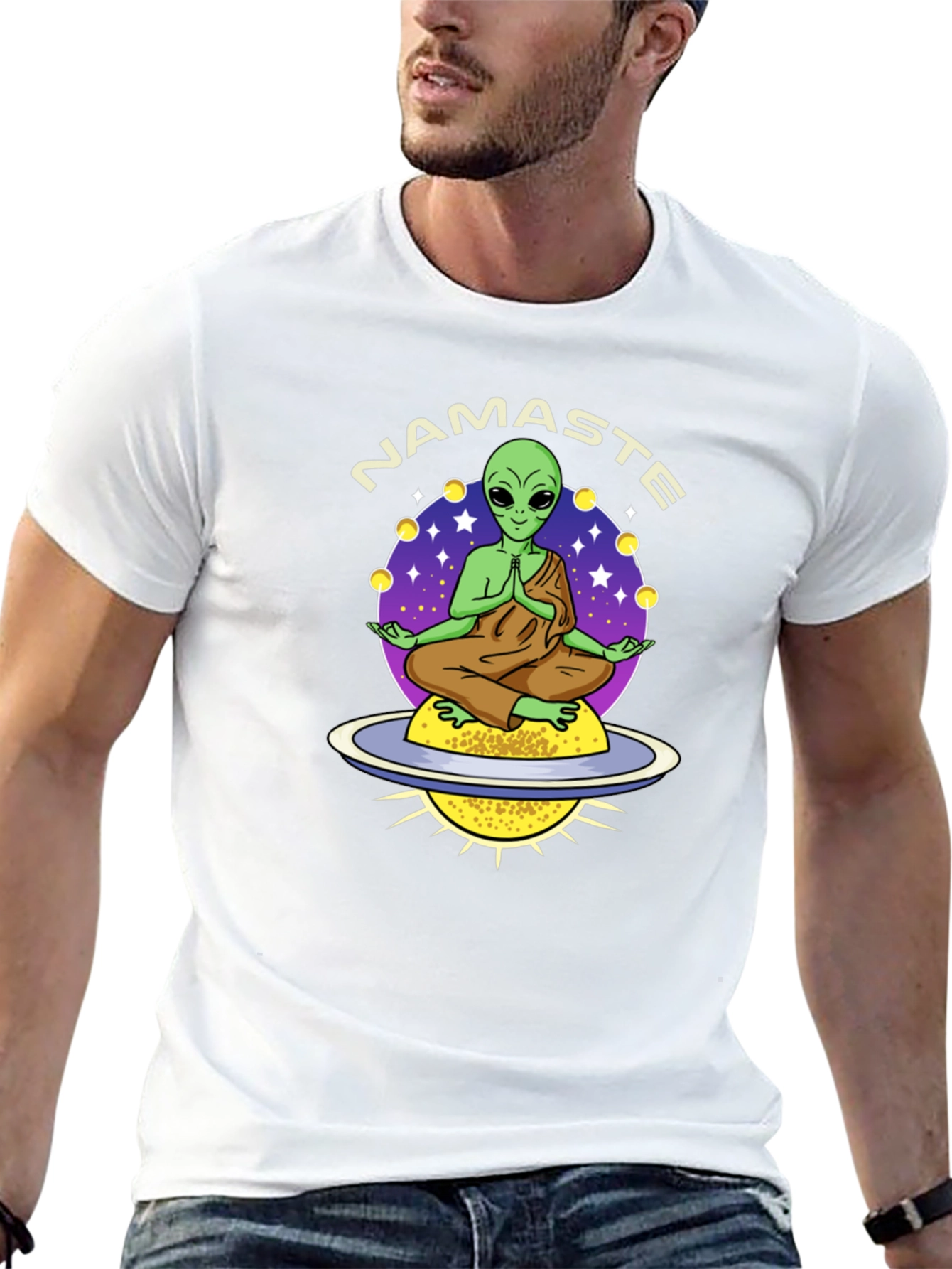 Namaste Alien T-Shirt - Meditating UFO Design