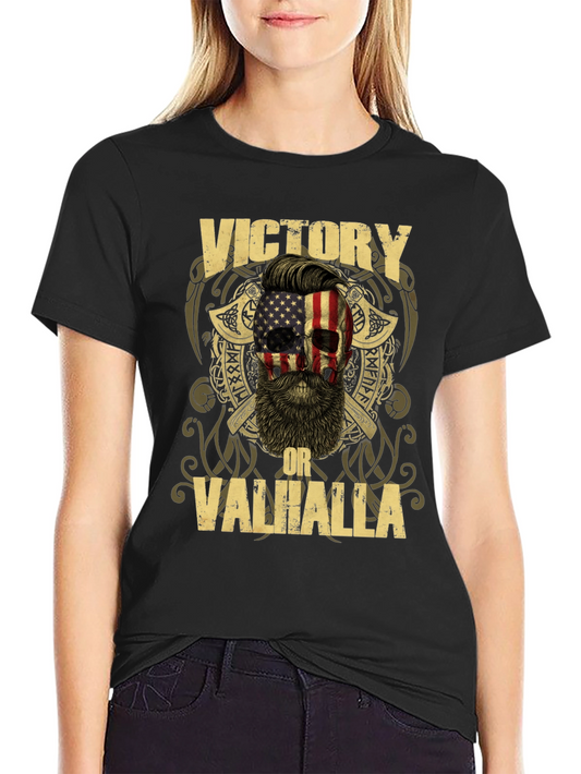Victory or Valhalla Graphic Tee - Patriotic Viking Skull