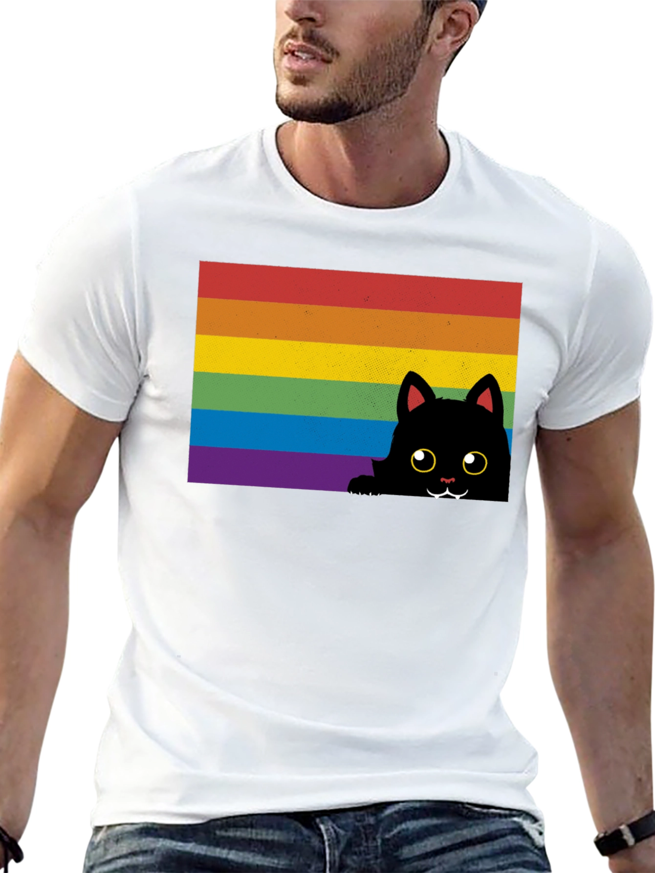 Rainbow Cat Graphic Tee - Black Cotton Comfort