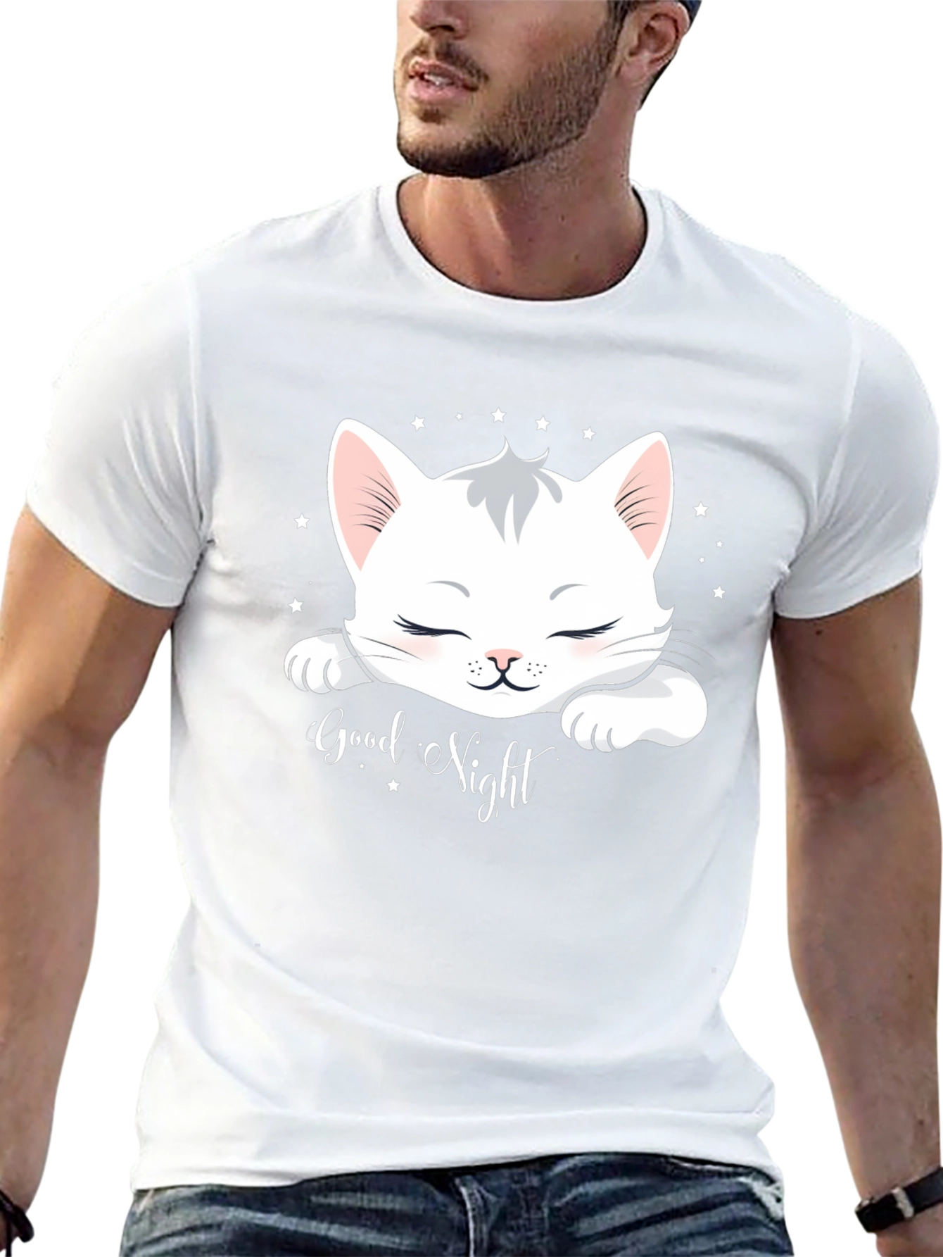 Cute Cat Good Night Black T-Shirt
