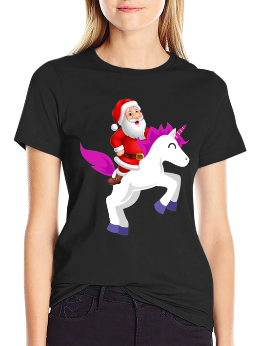 Santa Riding Unicorn Black T-Shirt