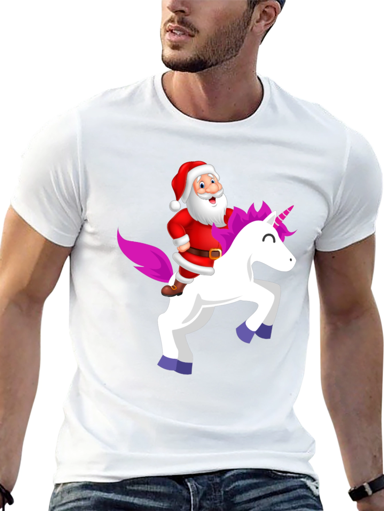 Santa Riding Unicorn Black T-Shirt