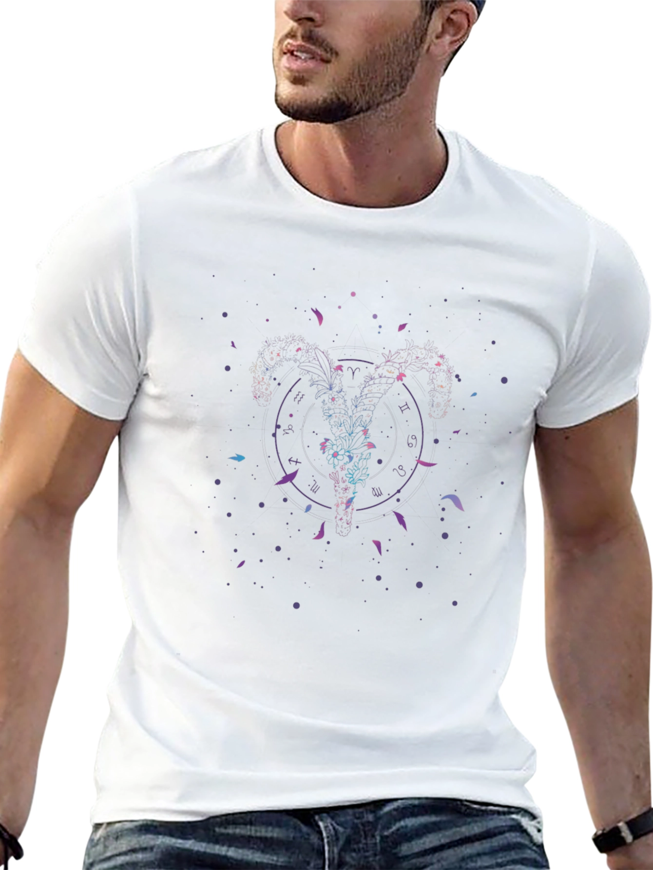 Cosmic Zodiac Aries Ram Graphic T-Shirt - Black