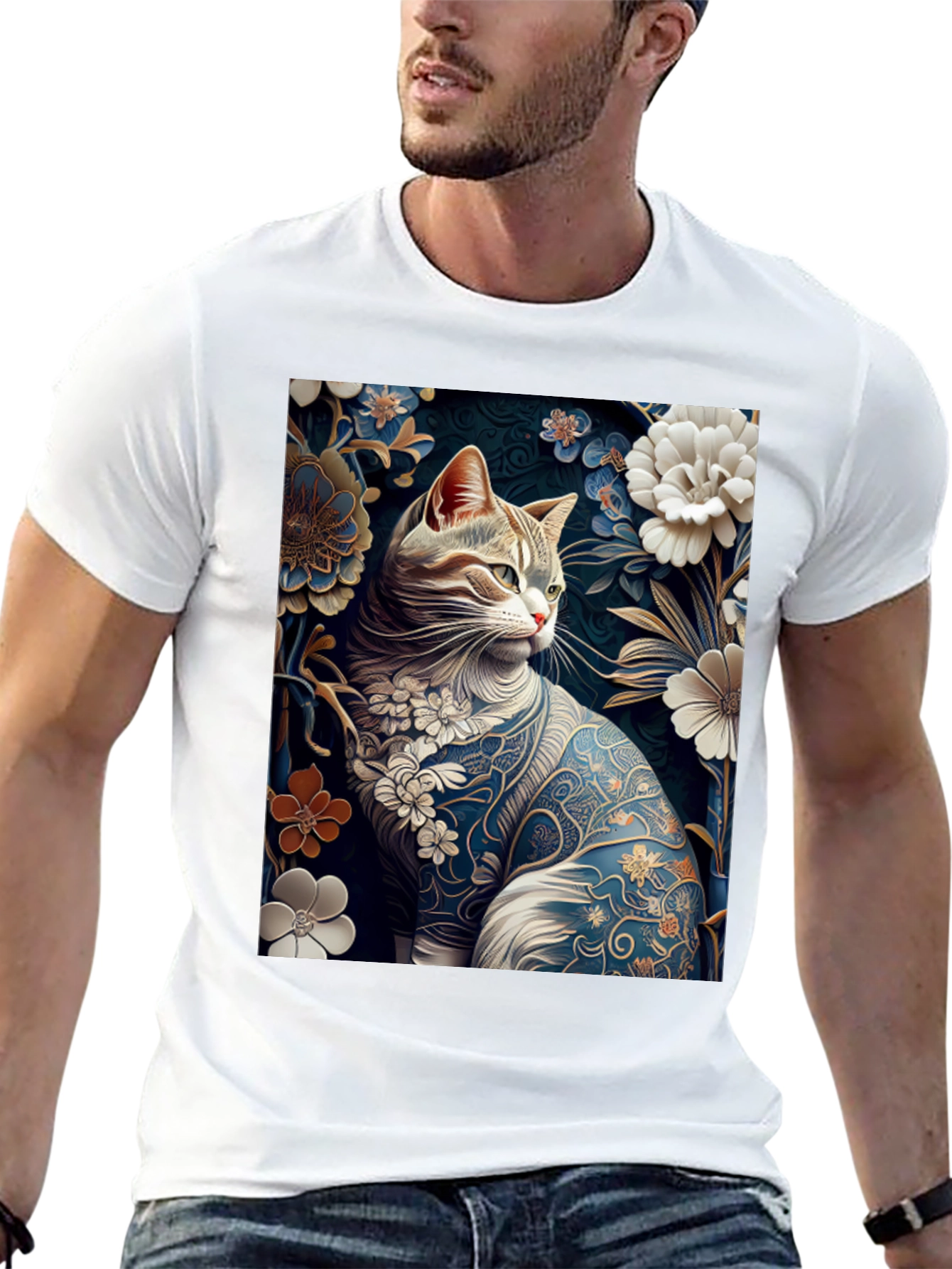Floral Cat T-Shirt: Unique Artistic Design
