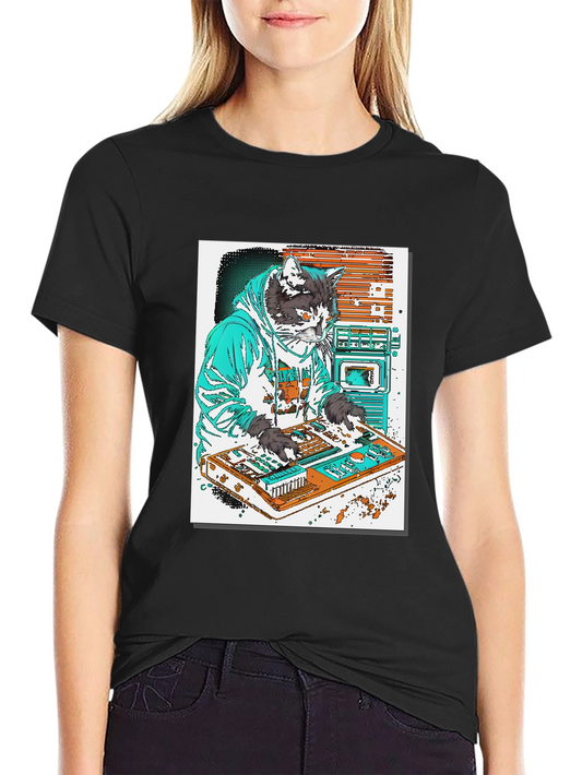 DJ Cat Graphic T-Shirt - Black