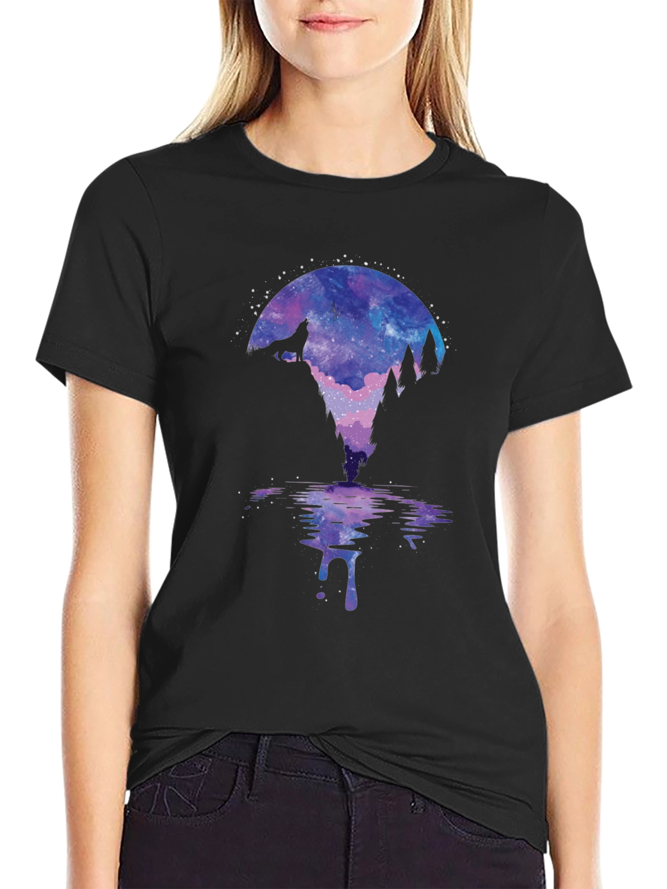 Wolf Galaxy Print Black T-Shirt
