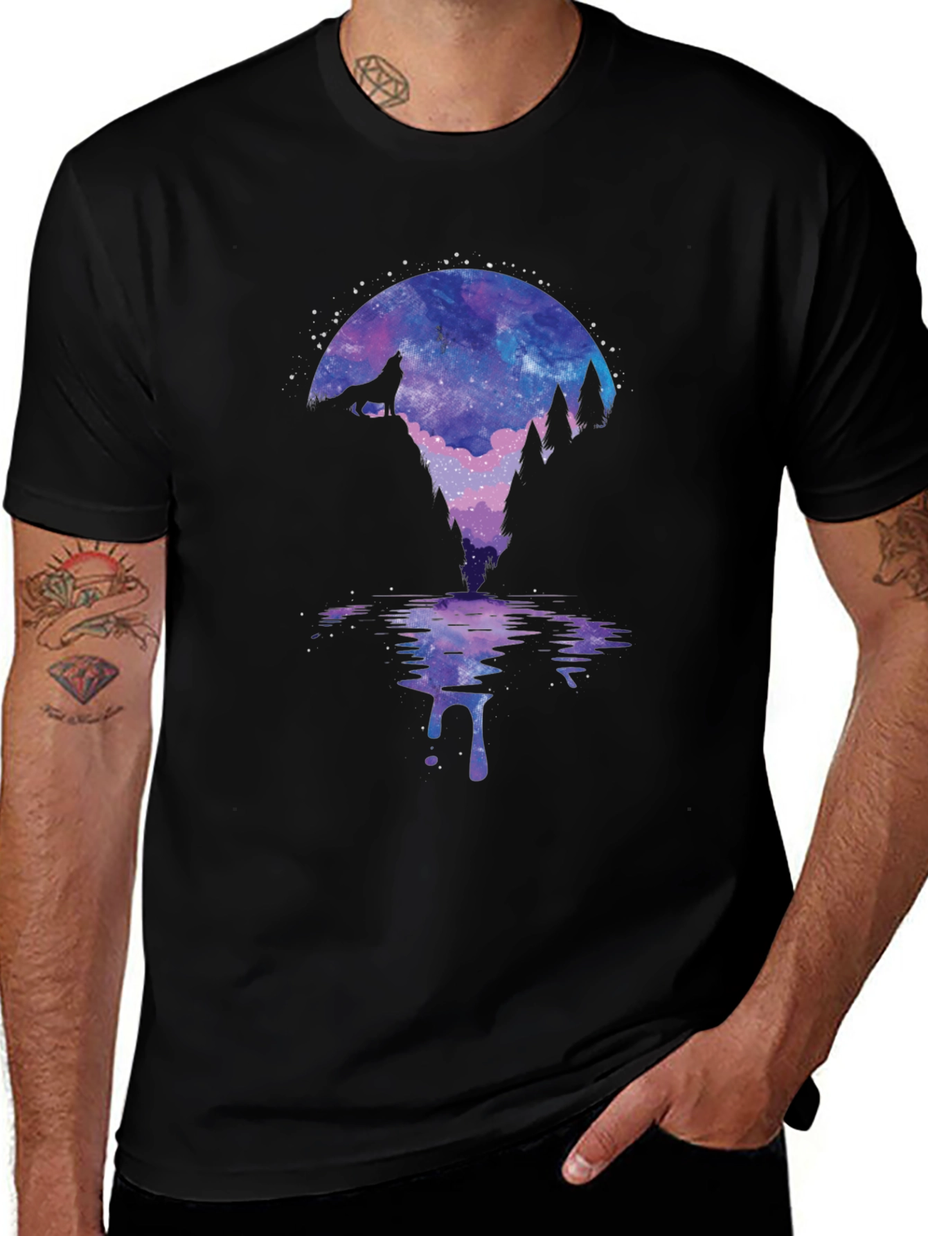 Wolf Galaxy Print Black T-Shirt
