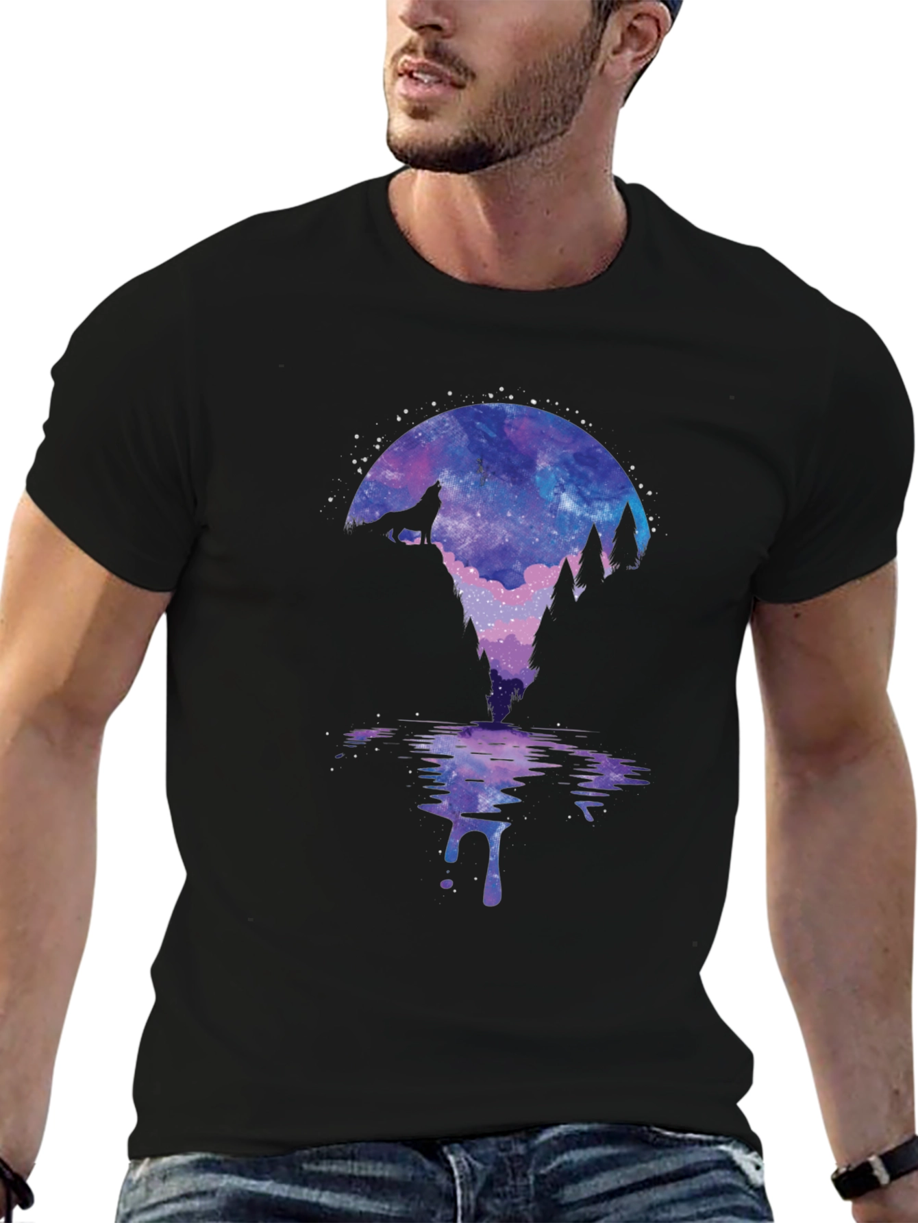 Wolf Galaxy Print Black T-Shirt