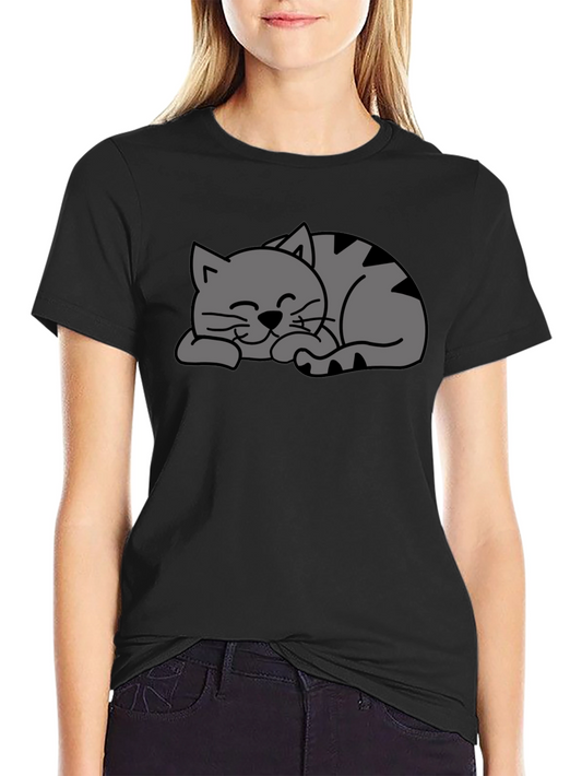 Cute Sleeping Cat Graphic Black T-Shirt