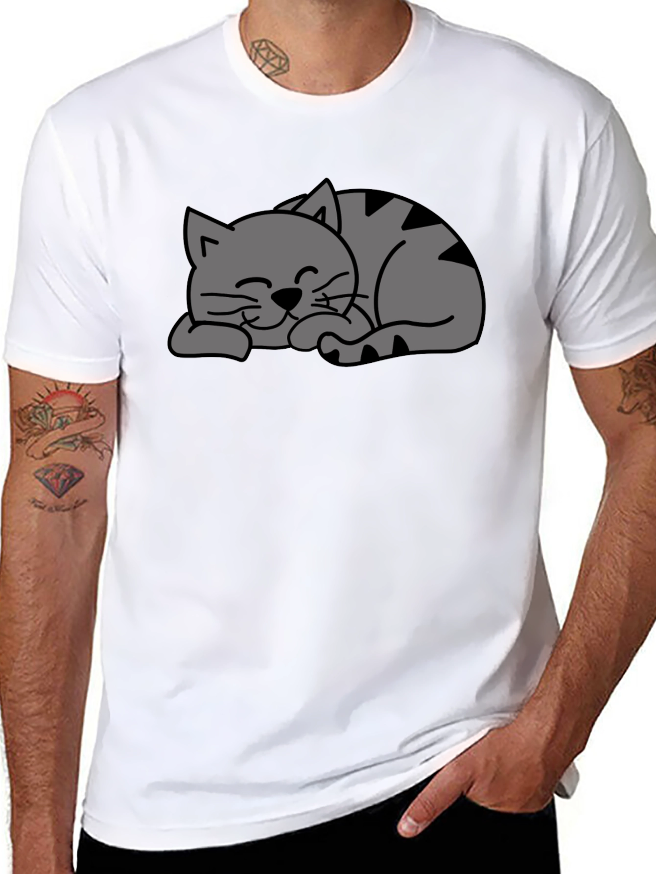 Cute Sleeping Cat Graphic Black T-Shirt