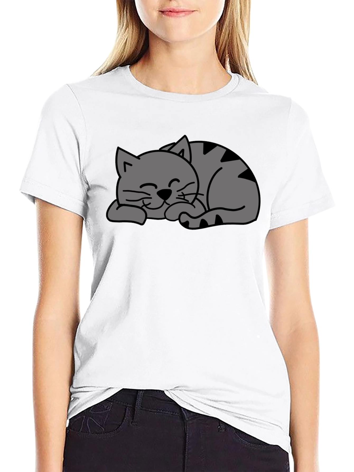 Cute Sleeping Cat Graphic Black T-Shirt