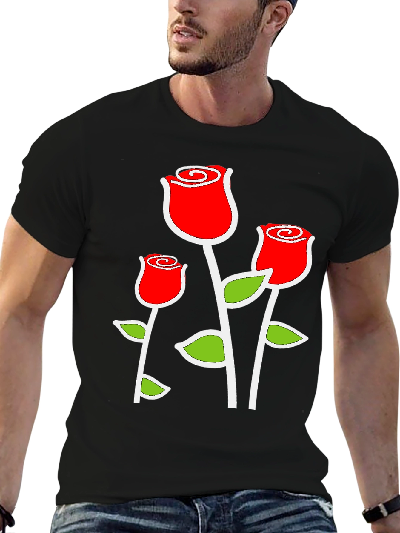 Black T-Shirt with Red Rose Graphic