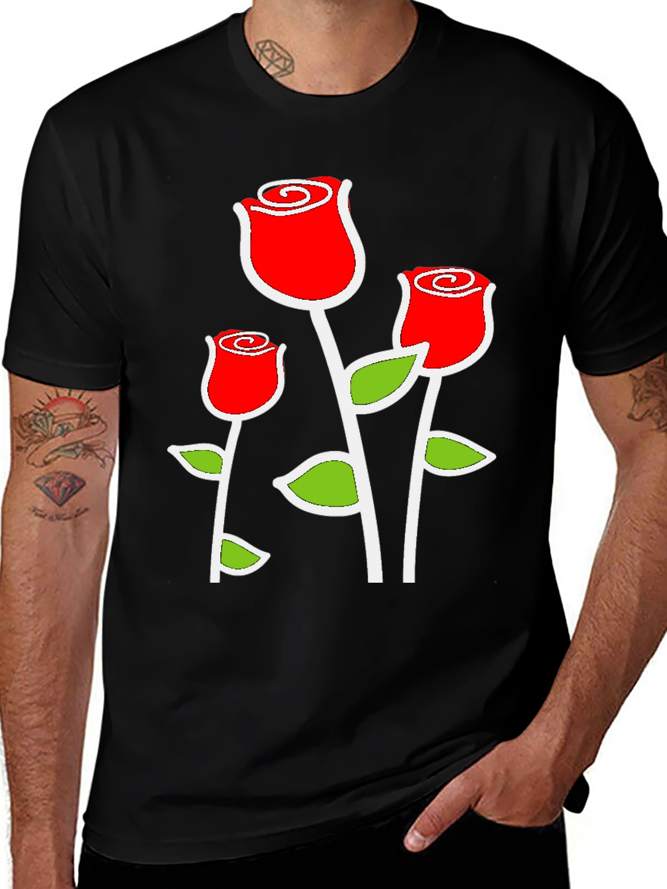 Black T-Shirt with Red Rose Graphic