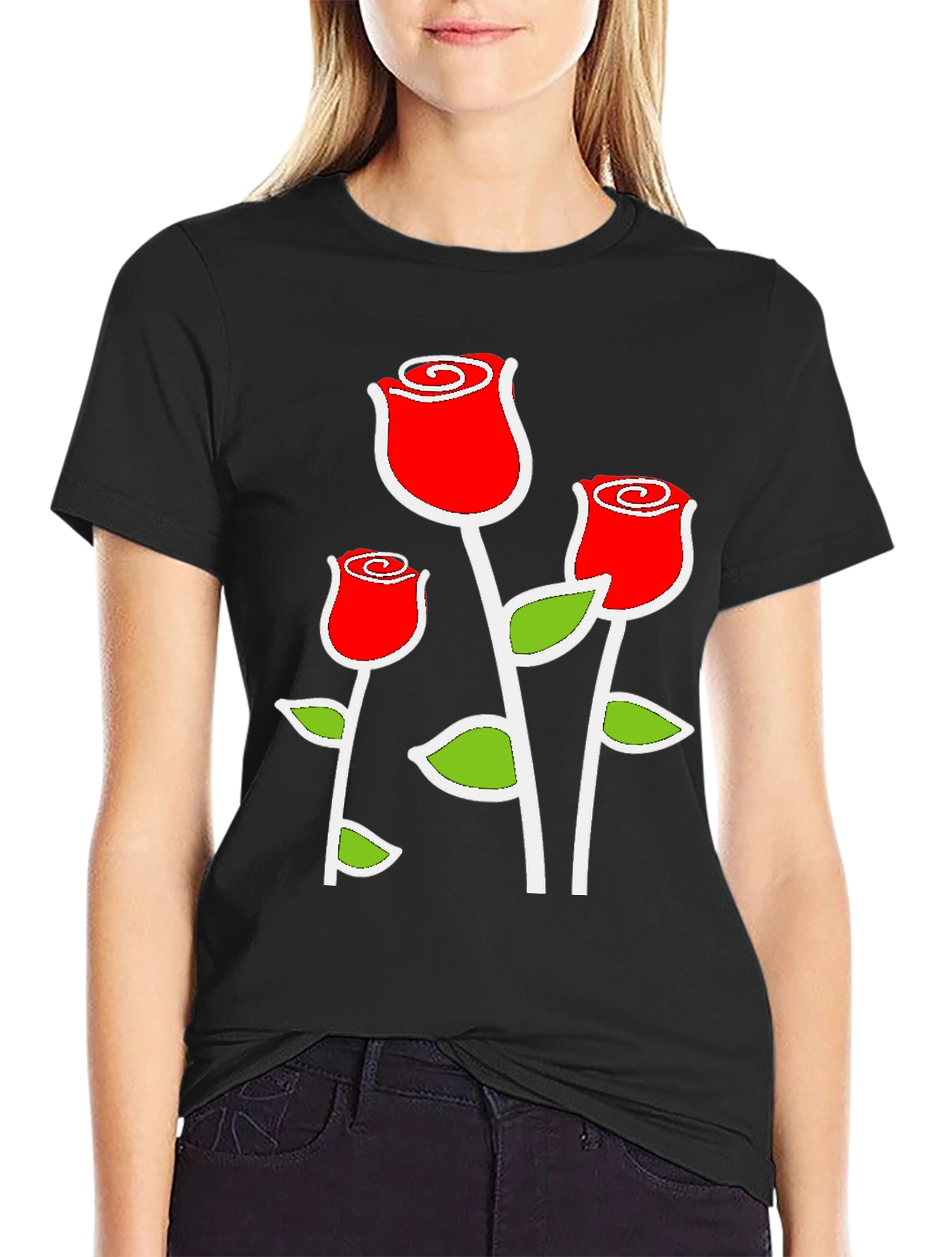 Black T-Shirt with Red Rose Graphic